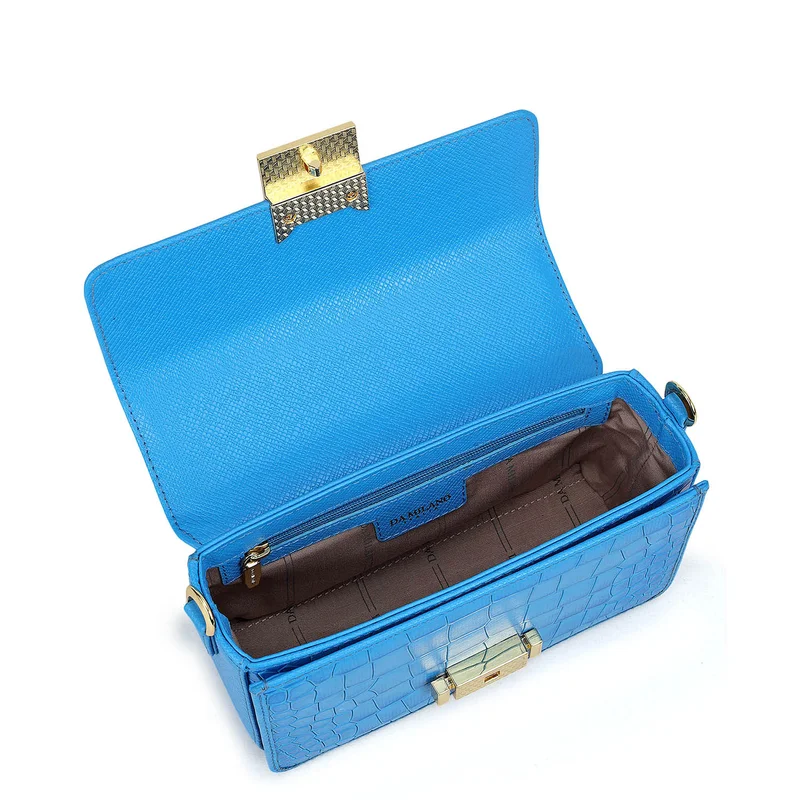 Da Milano Blue Small Croco Leather Satchel - Blue for Women | Best Price UAE